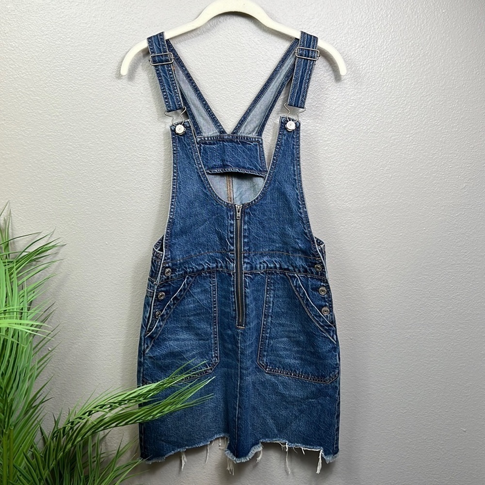 NWOT American Eagle Denim Overall Dress Skirt Small Blue Destroyed Hem Zipper